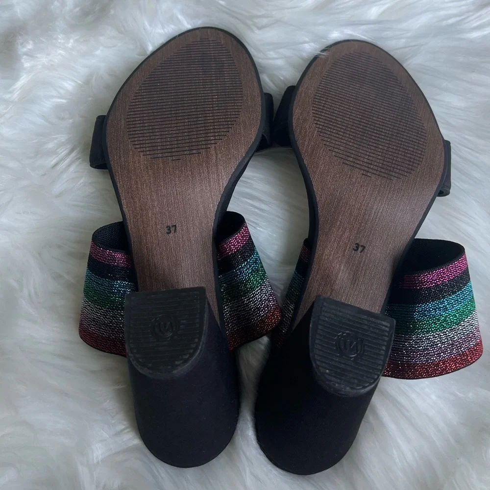 Kaanas size 37 NWOT black pink green multi color sparkley block heels